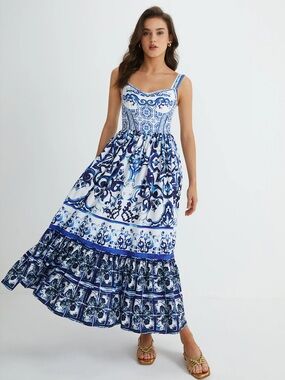 Blue Tile-Print Maxi Sundress